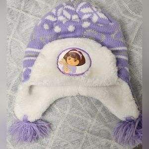 Dora Winter Hat w/purple pom poms